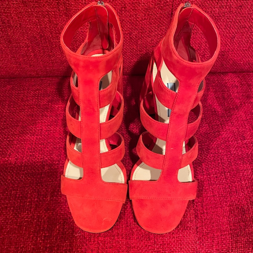 Prada RED suede, gladiator, block heel sandals.  Size 7.5 NEVER WORN. NWOT
